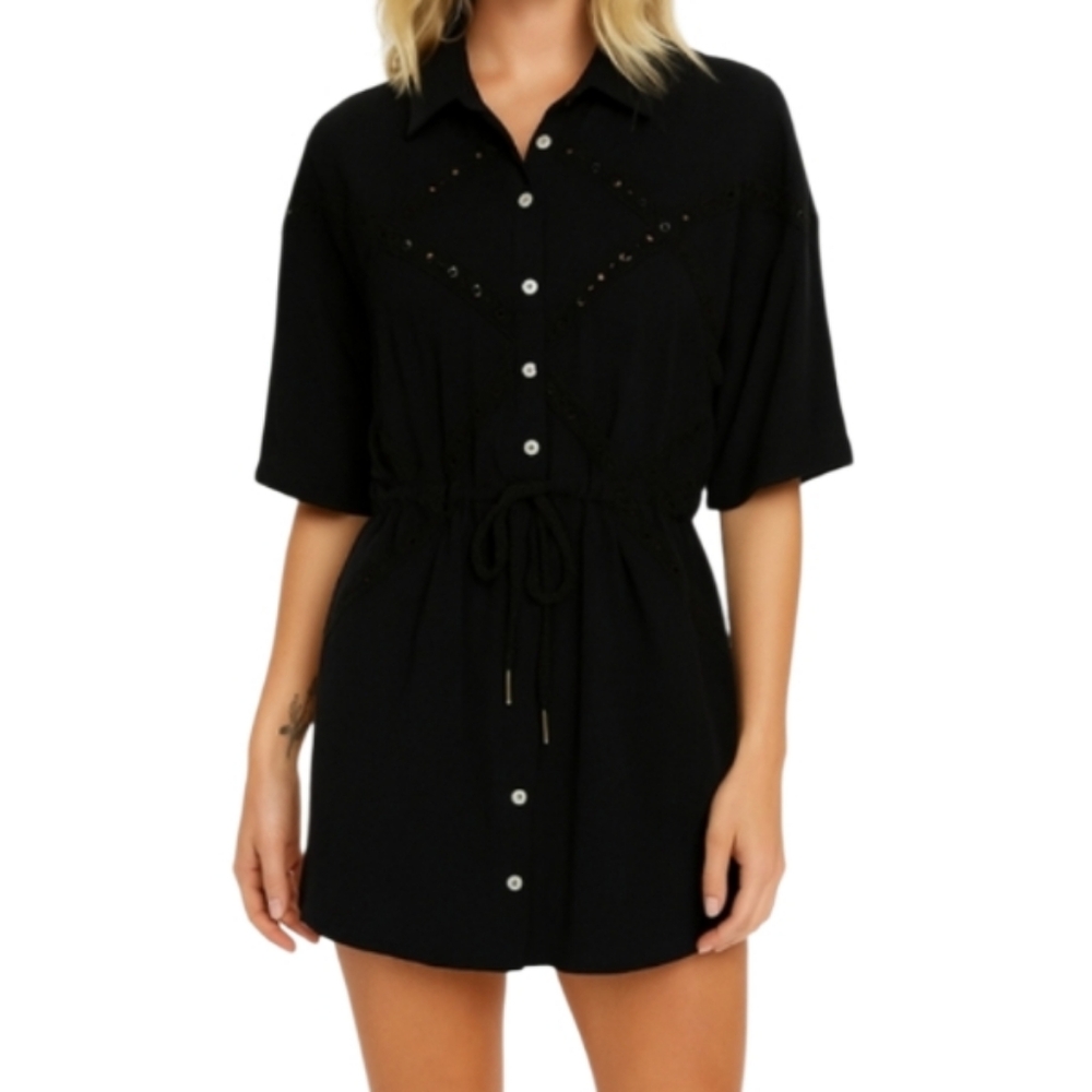 Heartloom Black Shirt Dress 100% Cotton Button Down Dress XS